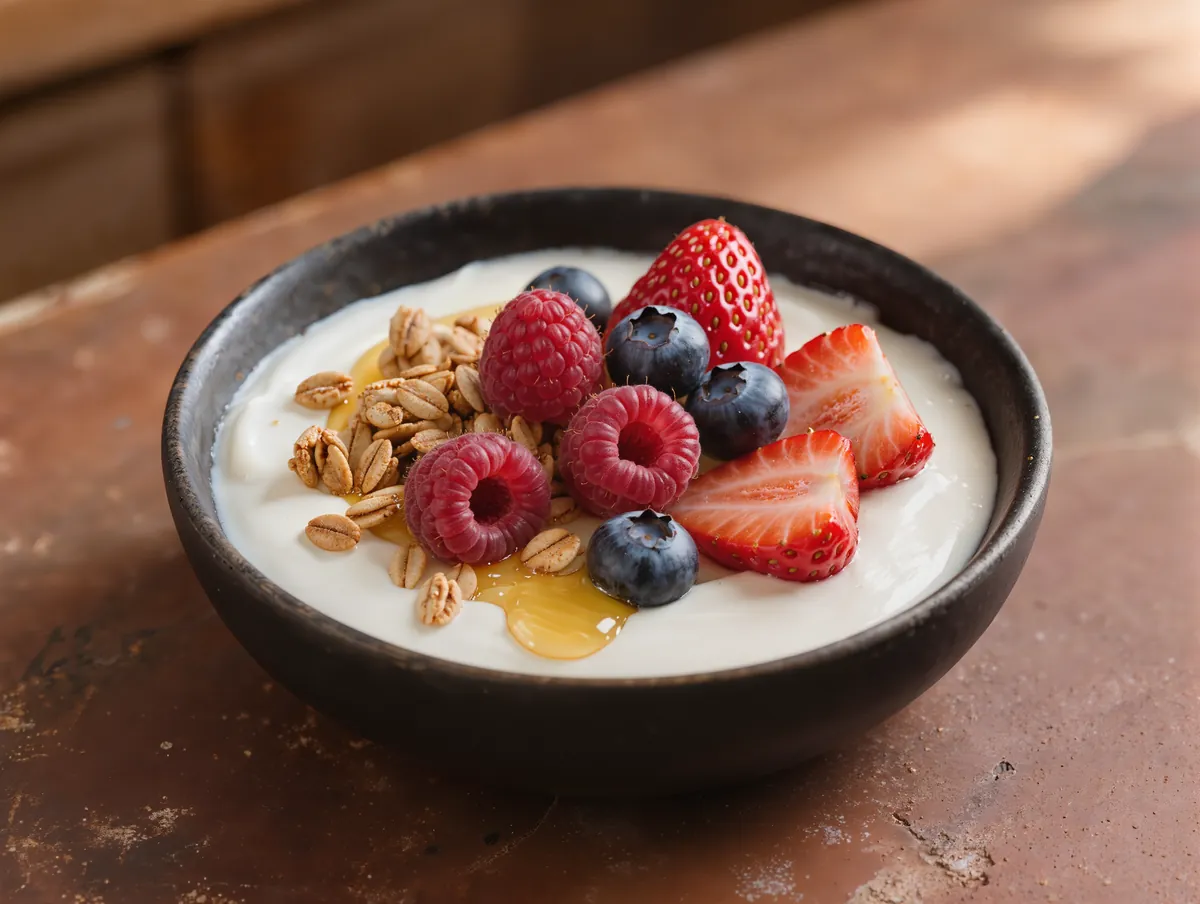 Yogur griego natural, frutos rojos, granola crujiente y miel