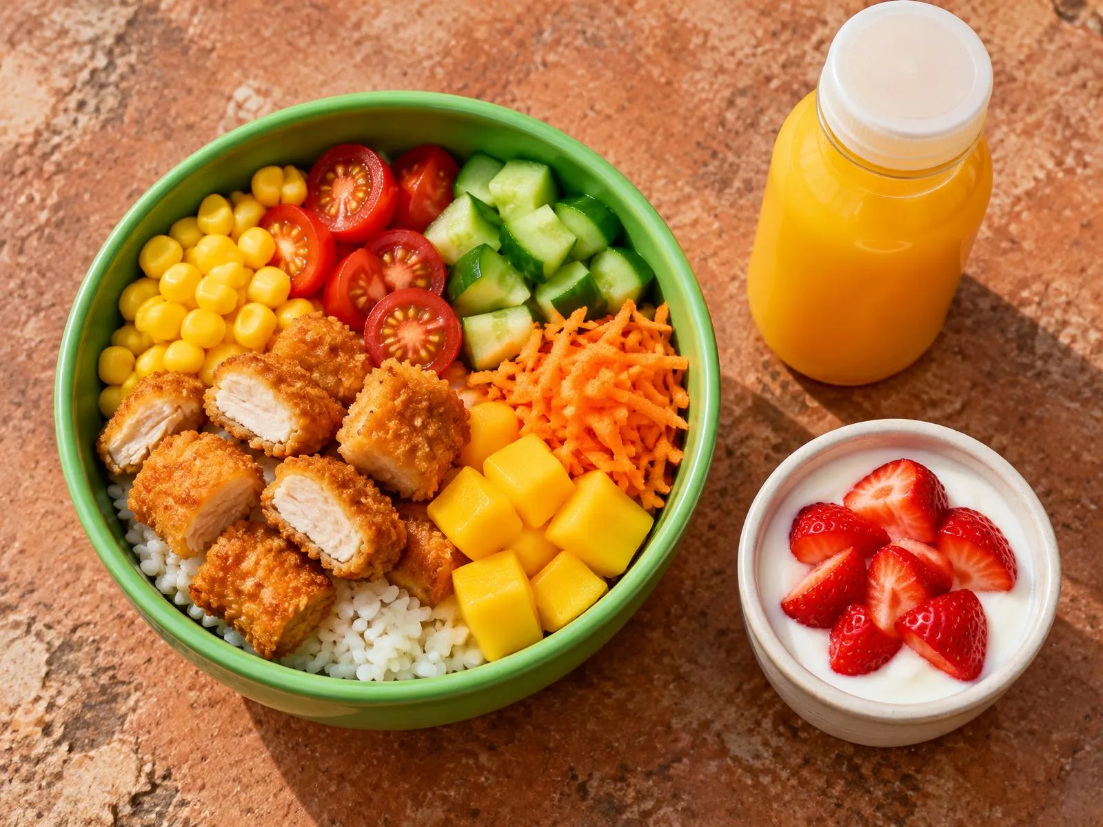Menú Fit Kids: mini bowl en bol verde con zumo pequeño y yogur con fresas