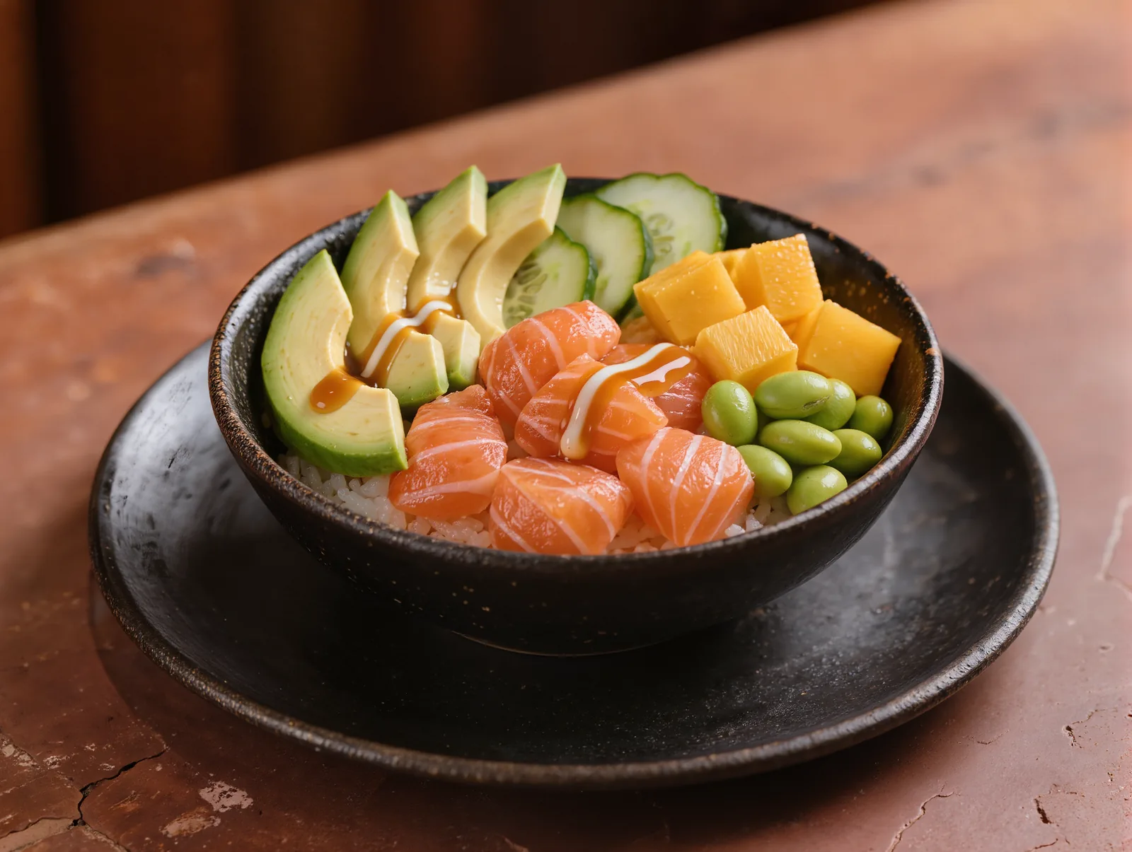 Bowl Salmón Clásico: Arroz de sushi, salmón marinado, aguacate, edamame, mango, pepino y ponzu