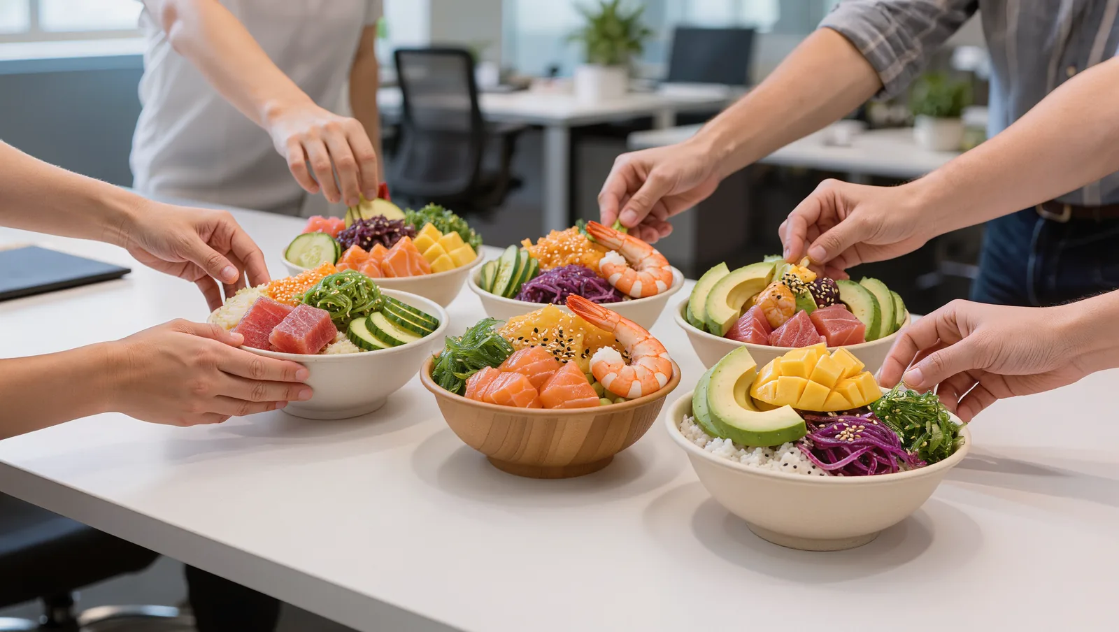 Bowls para compartir en una mesa de oficina