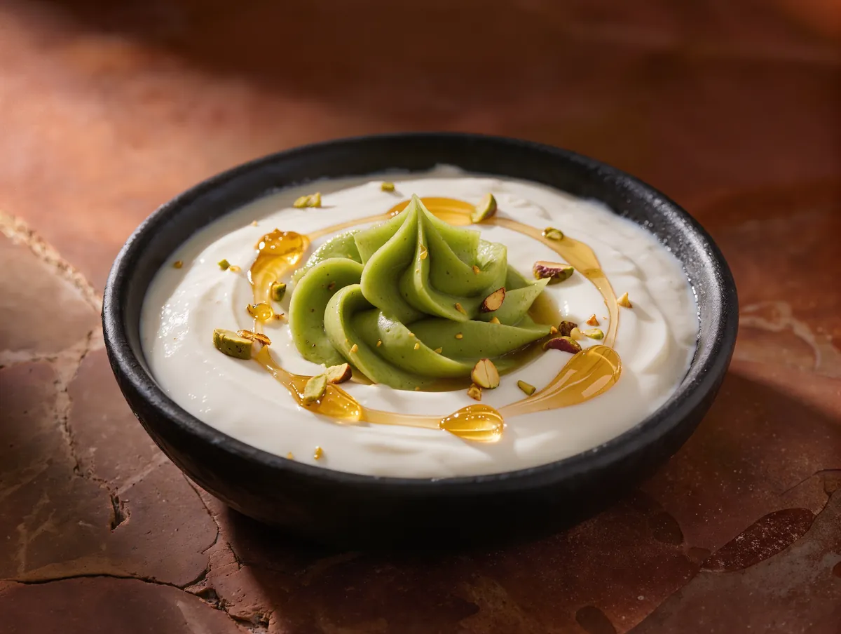 Yogur griego natural, crema de pistacho, pistacho troceado y miel