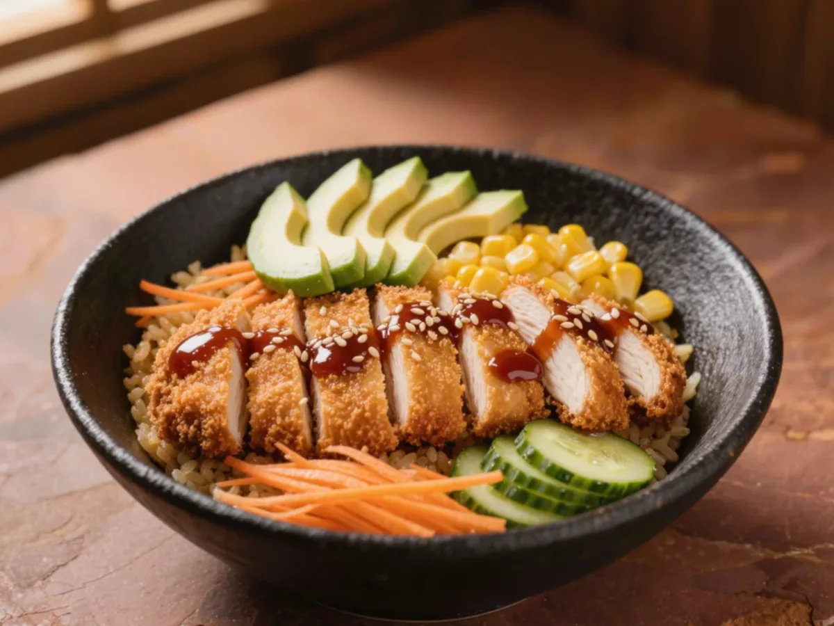 Bowl Pollo Rebozado: Arroz integral, pollo rebozado crujiente, aguacate, maíz, pepino, zanahoria y teriyaki